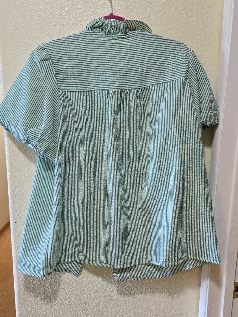 Green and White Striped Ruffle Button-Up Blouse - Picture 2 of 2